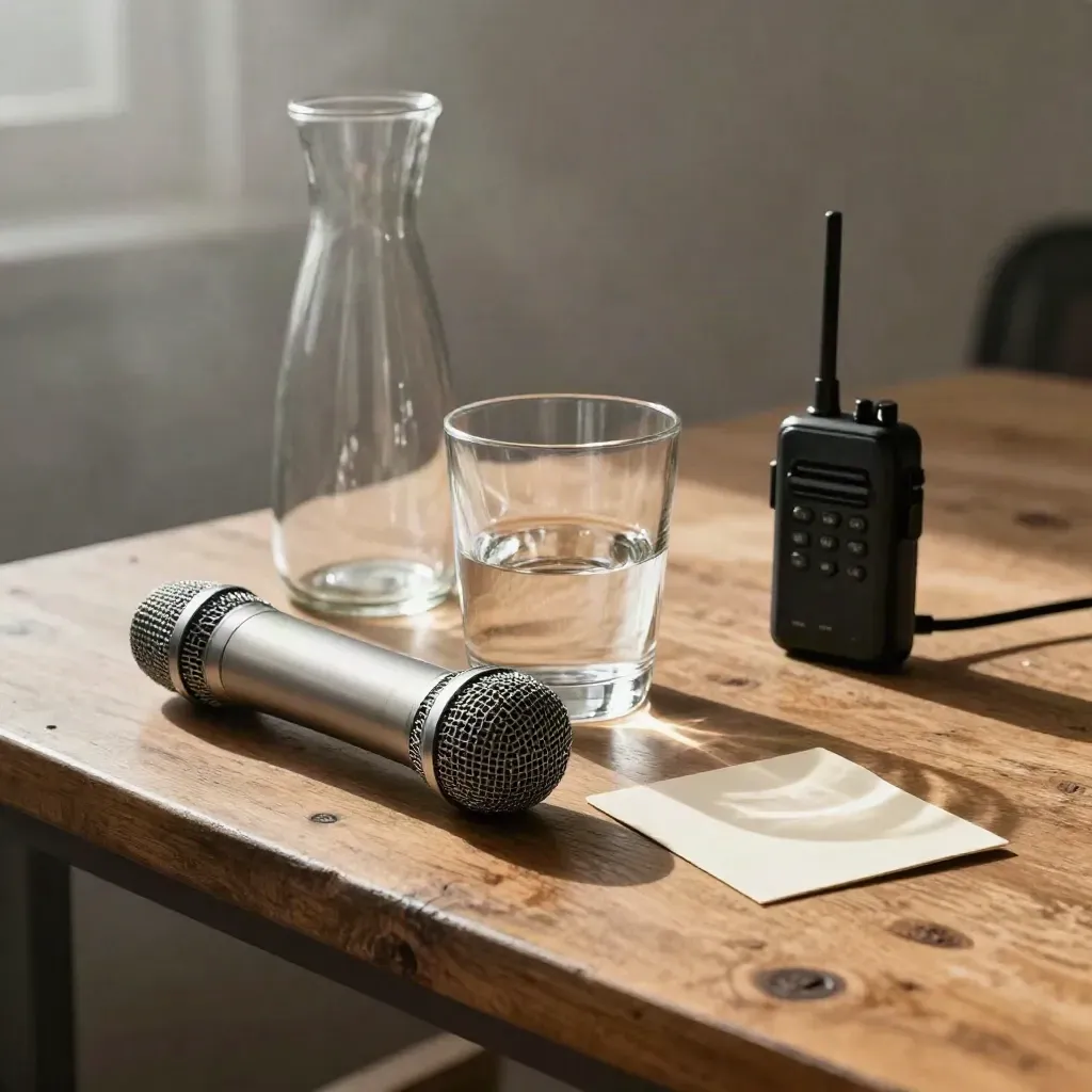 En mikrofon, karaff, glas och cue card på ett scenbord med mjukt ljus.