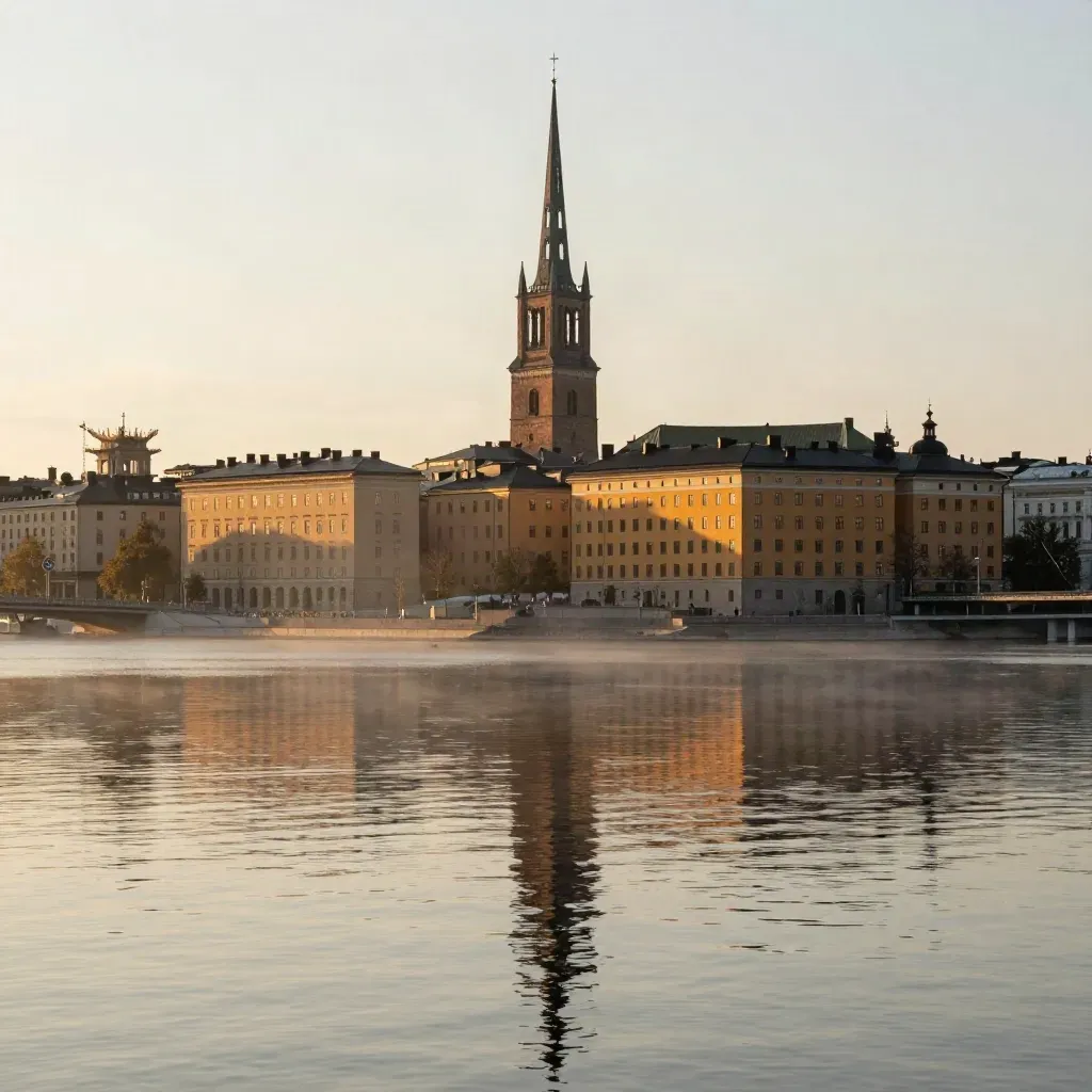 Stockholms siluett över stilla vatten i kvällsdimma, Riddarholmstornet högt i bild.